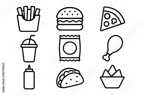 Fast food outline icon set with burger, pizza, fries, soda, taco, and chicken. Junk food concept for menu design. Minimalist line art vector illustration collection.