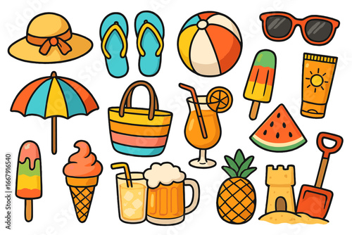 Summer vacation icon set. Beach holiday sticker collection. Fun cartoon travel elements with ice cream, cocktail, pineapple, sandcastle, flip flops, and beach accessories.