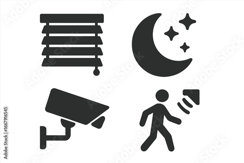 Security and privacy solid icon set. Vector glyph symbols for home safety, cctv surveillance camera, motion detection sensor, night mode, and window blinds for protection.