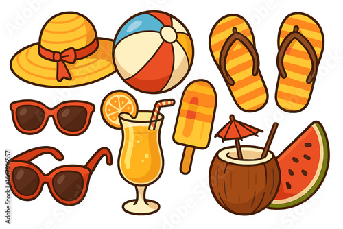 Summer vacation beach elements set. Cartoon vector illustration with sun hat, sunglasses, flip-flops, cocktail, ice cream, watermelon, coconut drink and inflatable ball.