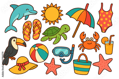 Summer beach icon set. Vector cartoon collection of holiday elements. Tropical vacation accessories and sea animals. Dolphin, turtle, crab, sun, umbrella, ball, toucan.