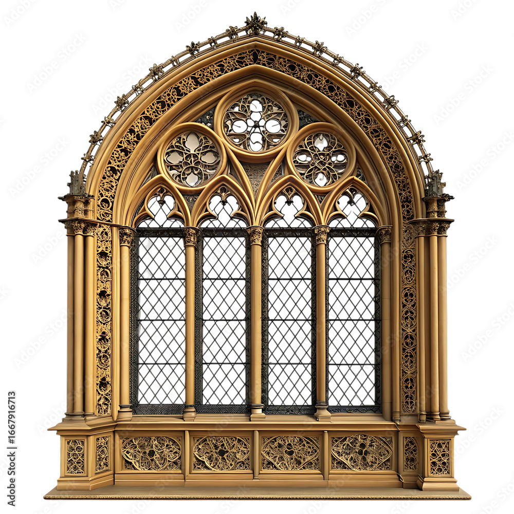 Obraz premium Ornate gothic architectural window with intricate carvings isolated on transparent background