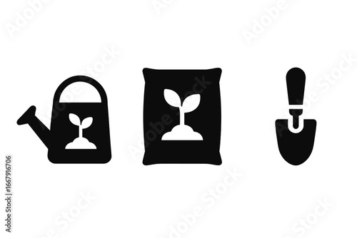 Gardening tools icon set. Watering can, fertilizer bag, and trowel. Solid black vector silhouettes for agriculture, planting, and seedling growth concepts. Isolated illustration.