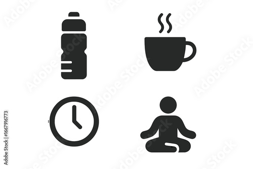 Self-care icon set for mental health and wellness. Solid glyph symbols for work-life balance. Concept of daily routine, hydration, coffee break, mindfulness, and meditation.