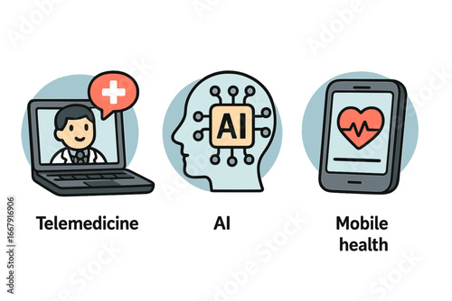 Health tech icon set for modern healthcare solutions. Telemedicine, AI in medicine, mobile health app symbols. Online doctor, virtual care, mHealth technology vector graphics.