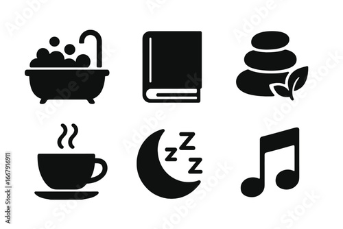 Self care glyph icons set. Mental health, wellbeing and relaxation activities. Bubble bath, reading book, spa stones, sleep, music, hot tea vector symbol collection.