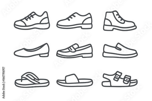 Vector footwear line icon set. Shoe collection with sneakers, boots, sandals, loafers, flats. Men and women fashion symbols. Outline graphic element for web and print design.