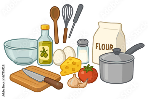Cooking ingredients and kitchen tools set for culinary preparation. Vector illustration with flour, oil, egg, cheese, tomato, garlic. Food recipe, cooking class concept.