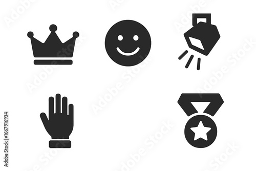 Self confidence solid glyph icon set. Vector symbols of self esteem, success, personal growth. Crown for leadership, medal for victory, spotlight for recognition, smile for happy.