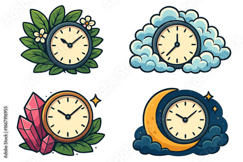 Set of cartoon clocks. Time concept illustration. Nature and time elements. Clock with flowers, leaves, clouds, moon, and crystals. Day and night icon collection. Vector sticker pack.