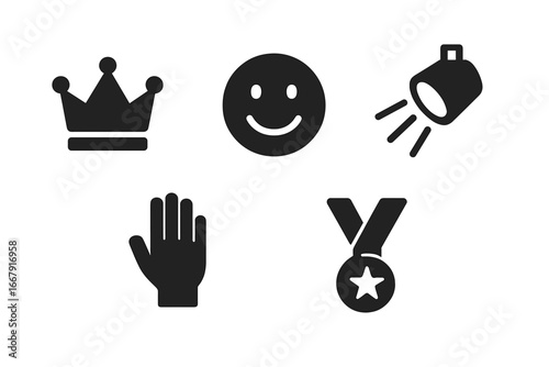 Self confidence icon set. Vector symbols of self esteem, success, achievement. Crown for leadership, medal for winner, spotlight for recognition, smile for happiness.