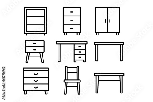 Furniture line icon set. Home and office interior design elements. Vector collection of chair, desk, table, cabinet, shelf, wardrobe. Outline pictogram for web and app.
