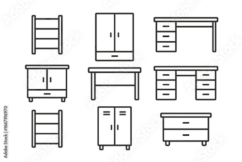 Linear Furniture Icon Set. Modern Office and Home Furniture Outline Collection. Shelves, Lockers, Cabinets, Desks, Tables, Storage Units, Drawer Icons. Clean Minimal Vector Illustration