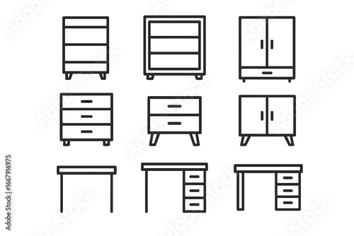 Furniture outline icon set. Home decor linear icons for bedroom, living room, office. Vector collection of desk, table, wardrobe, dresser, cabinet. Modern minimalist style.