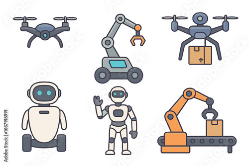 Robotics technology icon set. Drone delivery, industrial robotic arm, conveyor belt, humanoid assistant. Automation, manufacturing, and logistics vector cartoon concept.