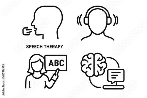 Speech therapy icon set for language disorder and neurorehabilitation. Vector outline icons of communication, brain learning, aphasia treatment, and logopedics concepts.