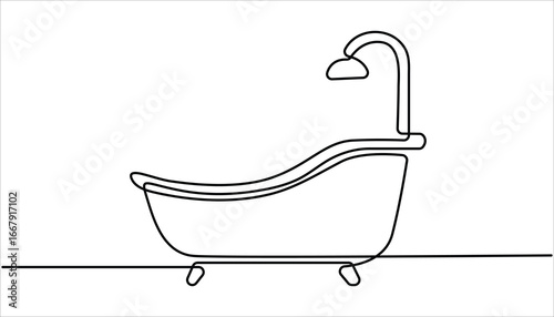 Continuous one line drawing of bathtub design. Continuous Line Drawing of Baby Bath Icon. Bathtub in continuous line art drawing style. Continuous Line Drawing of Baby Bath Icon. 
