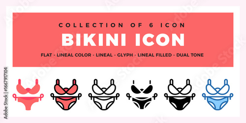 Collection of 6 Bikini Icons. Flat. Lineal. Glyph Styles