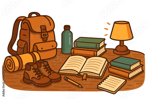 Hiking gear and study materials on a desk. Concept for work-life balance, travel planning, or adventure preparation. Student desk with backpack, books, boots, lamp vector.
