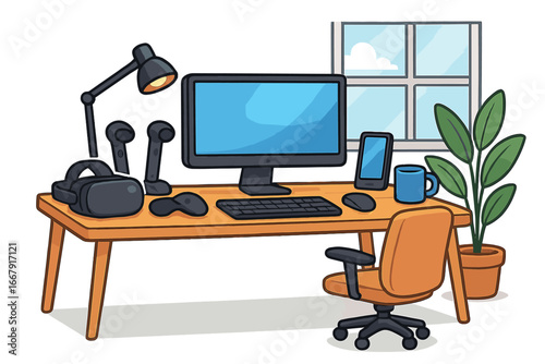 Modern office workspace with computer and virtual reality equipment for gaming or remote work. Metaverse and futuristic technology concept. Cartoon vector illustration of a desk setup.