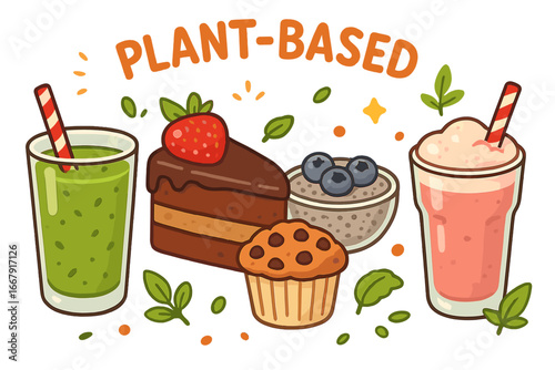Plant-based food vector illustration set. Healthy vegan desserts and drinks. Green smoothie, chocolate cake, muffin, chia pudding and strawberry milkshake cartoon graphic.