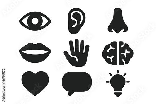 Five senses icon set with brain, heart, and idea symbols. Vector collection of human perception icons: eye, ear, nose, mouth, hand. Solid glyphs for psychology and health.