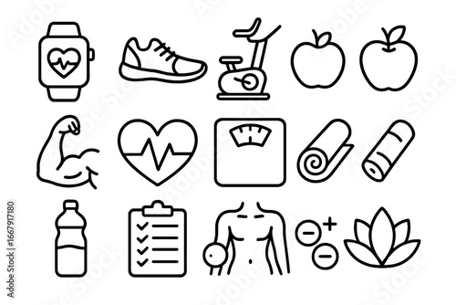 Health and fitness line icon set. Exercise, workout, gym equipment. Healthy food, activity tracker, cardio, yoga, strength training. Wellness and sport vector outline symbols.