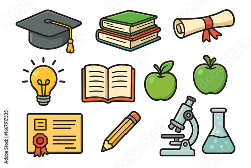 Education icon set. School, learning, knowledge and science concept. Graduation cap, diploma, book, microscope, light bulb idea. Back to school vector cartoon collection.