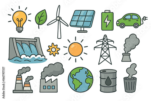 Collection of energy icons. Renewable and polluting sources. Solar, wind, hydro power vs fossil fuels and industry. Vector illustration set for ecology and environment concepts.