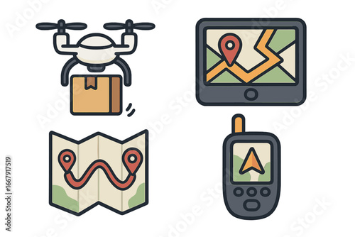 Drone delivery icon set for modern logistics. Quadcopter with package, GPS navigator, tablet, and map for efficient shipping route. Autonomous transport technology concept.
