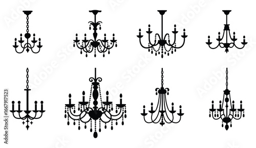 Ornate black chandelier silhouettes with crystal details