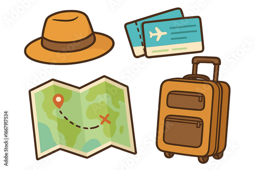 Essential travel items for a perfect adventure and holiday trip. Vector cartoon icon set with luggage, map, airline tickets and hat. Concept for tourism and journey planning.