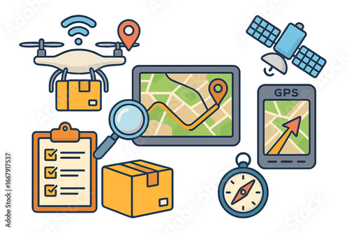 Drone delivery logistics concept. Autonomous quadcopter with package. GPS navigation, satellite tracking, and route planning for modern supply chain management. Vector icon set.