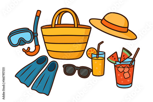 Summer beach vacation essentials icon set. Cartoon illustration of holiday travel accessories. Snorkeling mask, flippers, bag, hat, sunglasses and tropical cocktail drinks.