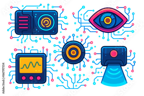 Set of futuristic technology icons. Artificial intelligence concept with a cyber eye, sensor, and data analysis elements. Digital innovation, CPU, and circuit board design vector.