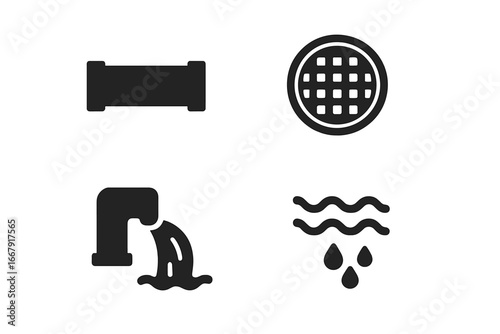 Sewer system solid icons set. Vector graphics of plumbing, drainage, pipe, manhole, and wastewater flow. Industrial water management and sanitation concept illustration.
