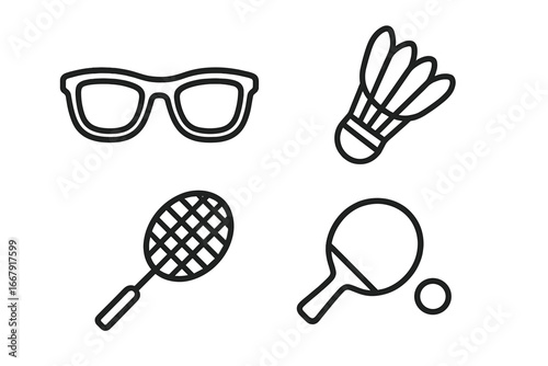 Sports outline icon set with sunglasses, badminton racket and shuttlecock, table tennis paddle and ball. Vector graphic illustration for recreation, game, and leisure activity.