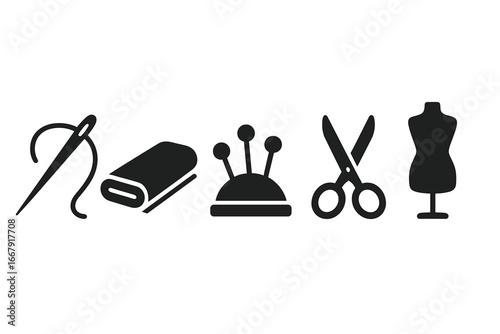 Sewing and tailoring tools icon set. Solid black vector glyphs of needle, thread, fabric, pins, scissors, mannequin. For dressmaking, fashion design, craft, hobby, DIY.