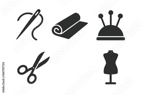 Sewing tools solid icon set. Vector glyph symbols for needlework, tailoring, and dressmaking. Needle, thread, fabric roll, pincushion, scissors, and mannequin silhouette.
