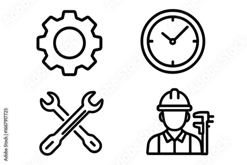 Mechanical engineering icon set with gear, clock, crossed wrenches, and engineer. Vector line art for industry, repair service, precision work, and time management concepts.