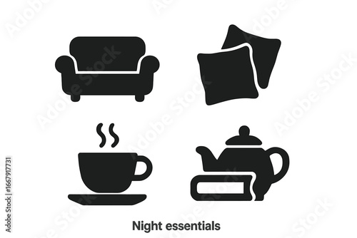 Cozy night at home icon set. Vector glyph symbols for relaxation and comfort. Sofa, pillows, hot drink, book, and teapot. Hygge lifestyle essentials for a quiet evening.