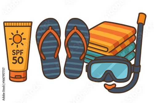 Summer vacation beach essentials icon set. Sunscreen, flip flops, towels and snorkeling gear for holiday travel. Sunblock protection, diving mask and snorkel vector cartoon.