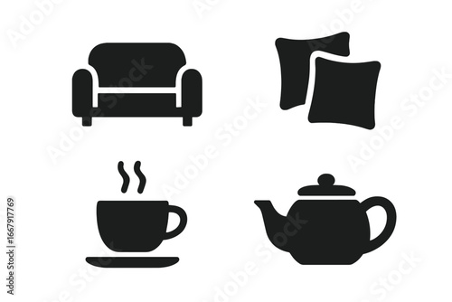 Cozy home essentials vector icon set. Armchair, pillows, hot coffee cup, and teapot solid glyph icons. Symbols for relaxation, comfort, leisure, and hygge lifestyle concepts.