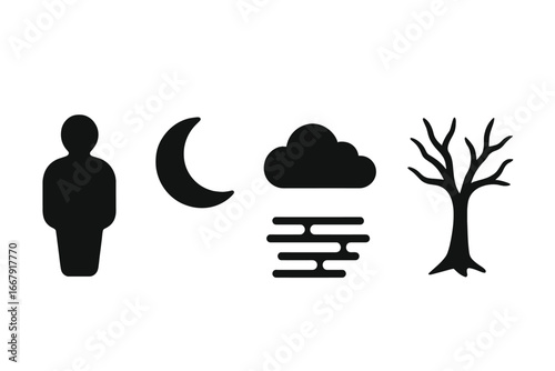 Shadow silhouette icon set of darkness. Person figure, crescent moon, fog and cloud, barren tree. Concept of night, spooky, mystery, loneliness. Solid filled vector glyph.