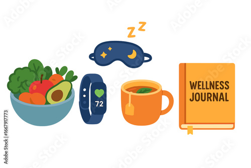 Healthy lifestyle and self-care routine concept. Wellness elements collection with nutritious food, fitness tracker, sleep mask, tea, and journal. Health and balance vector icon set.