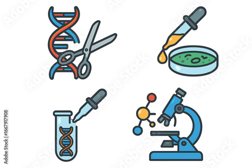 Biotechnology and genetic engineering icon set. Gene editing, DNA manipulation concept with scissors. Science lab research with microscope, petri dish, test tube and pipette.