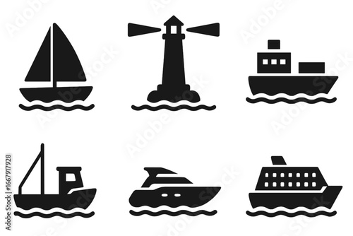 Ship and boat types icon set. Solid glyph collection with sailboat, lighthouse, cargo ship, fishing boat, yacht, and ferry. Nautical sea transport vector symbols collection.