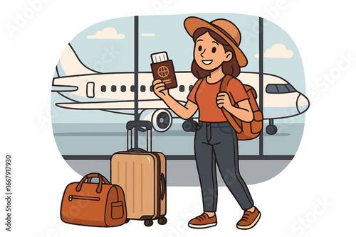 Young female tourist with luggage at airport terminal. Happy traveler holding passport and ticket before flight. Concept of vacation, journey, tourism and adventure. Vector cartoon.