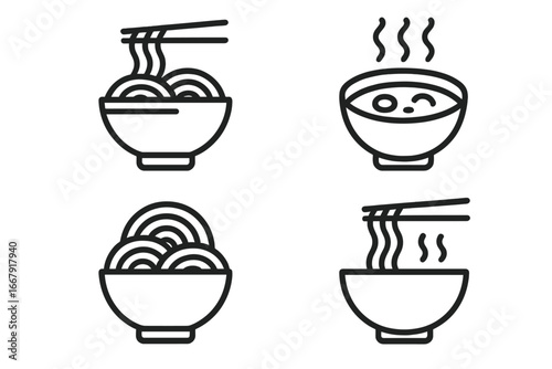 Noodle soup outline icon set. Asian cuisine vector illustrations. Ramen, pho, soba in bowl with chopsticks. Line art for Japanese food menu. Simple cartoon graphic elements.