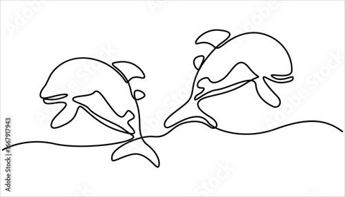 Continuous single drawn one line drawing of whale. Vector illustration, Bottlenose dolphin in single line draw. Simple illustration of humpback whale line art vector illustration.